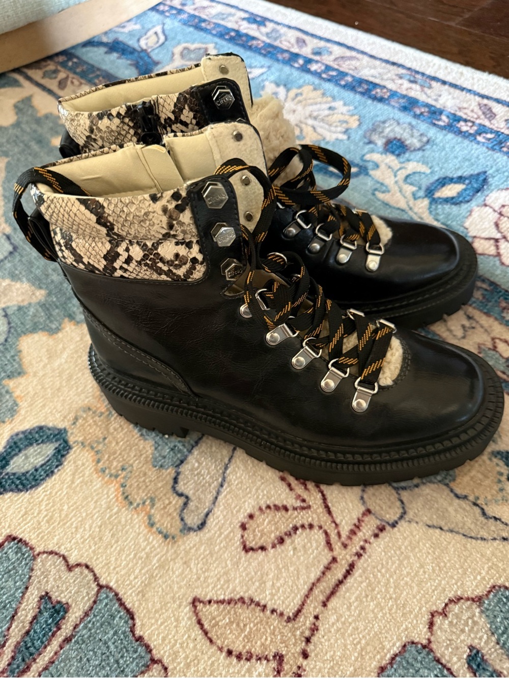 New without box Circus by Sam Edelman Black Leather Boots with Snakeskin Collar